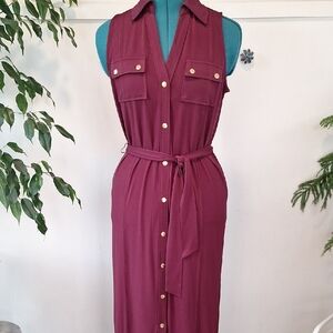Michael Kors Burgundy Midi Dress with Gold Buttons